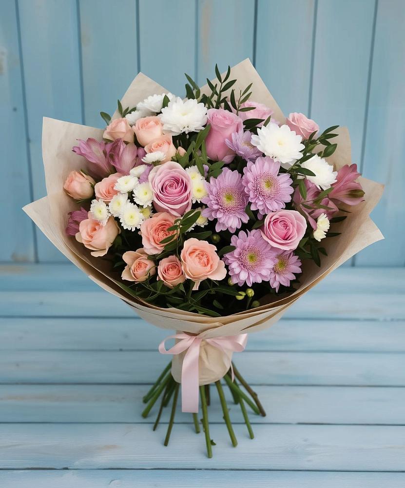 Букет цветов из: Хризантемы, Розы и Альстромерии в Большой Мартыновке