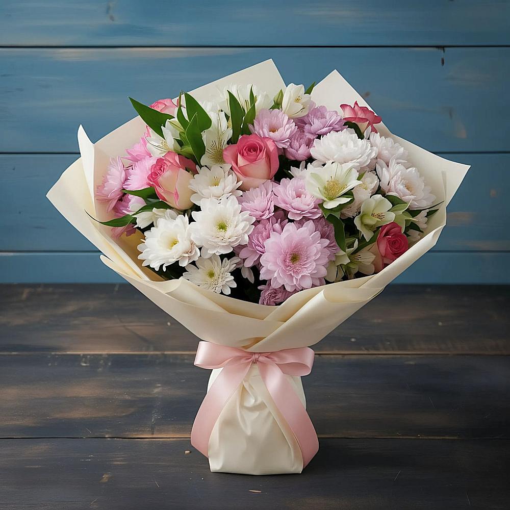 Букет цветов из: Хризантемы, Альстромерии и Розы в Большой Мартыновке